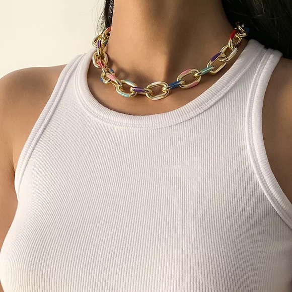 Zara Gold Hallow Link Chain Color Rainbow Hot Ceramic Glaze Adjustable Chocker - Picture 2 of 16